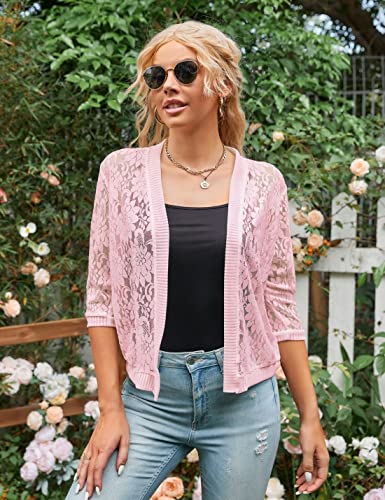 Image of Xunger Women's 3 /4 Sleeve Lace Cardigan Casual Open Front Floral Lace Shrug Summer Cover Up