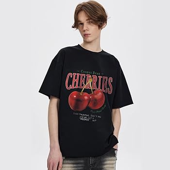 American Cherry Print Crew Neck Cotton T-Shirt (US, Alpha, X