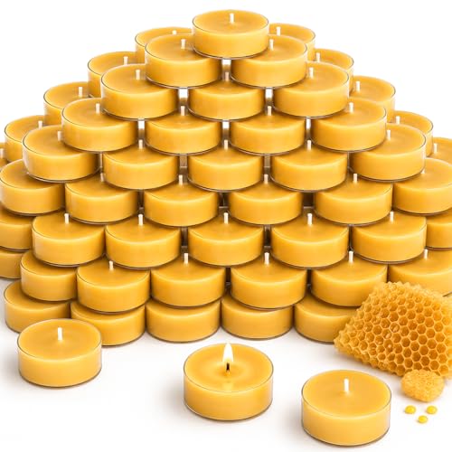 Uniteland Beeswax Tealight Candles 60 Pack Pure Natural Beeswax Meditation Candles for Home Organic Unscented Tea Lights for Essential Oil Burners Party Smokeless Non Toxic Yellow 2-Hour