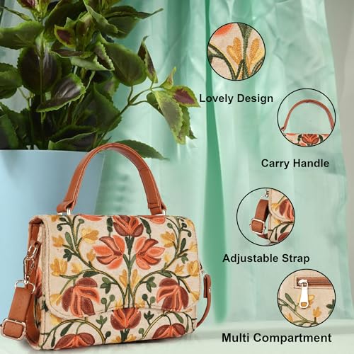 Image of Floral Embroidered Crossbody Sling Bag with Top Handle, Vintage Style Canvas for Women