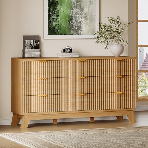 Image of BORNOON Fluted 9 Drawer Dresser, 57.1 inch Wide Modern Boho Chest of Drawers, Wooden Storage Dresser TV Stand for Bedroom, Living Room, Closet, Hallway, Curved Profile Design