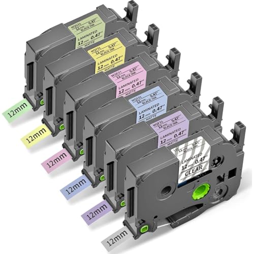 Freshworld Replace for Brother Ptouch 12mm 0.47 Laminated TZ Colored Refills Tape Black on Clear/Purple/Blue/Pink/Yellow/Green, Compatible with Brother PTouch Label Maker PT-D210 D220 H110 D400