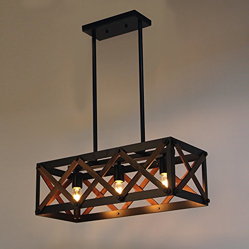 Giluta Rectangle Wood Metal Chandelier Rustic Kitchen Chandelier Island Pendant Light Hardware Industrial Vintage Hanging Ceiling Light Fixture 3 Lights, Black (C0032) #TOP3