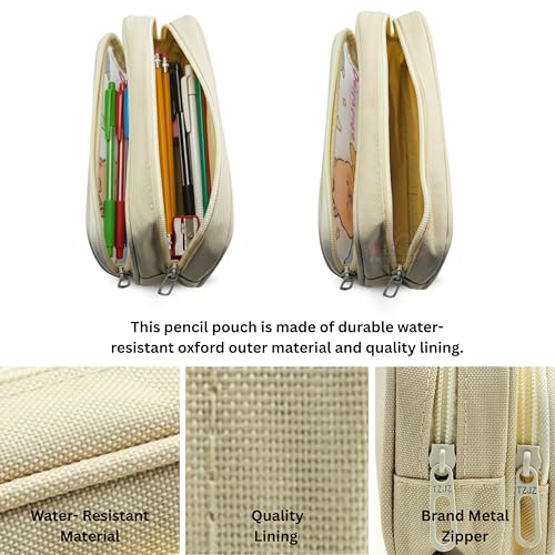Image of Alokik Enterprise Cute Cartoon Pencil Pouch with Double Zipper & Transparent Window, Large Capacity Fabric Pen Case for School, Office, Students, Kids & Teens (Daily Life Off White Pouch)