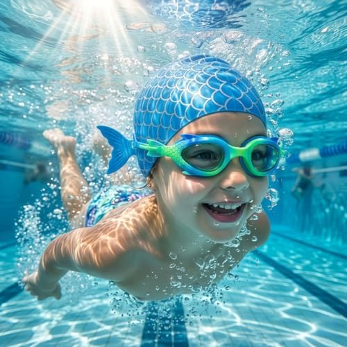 Image of First Lens Kids Swimming Goggle Mermaid Designed with Fish Tail Cap for Boys & Girls | AntiFog | UV Protection | Durable | Age 3 to 8 - Blue-Light-Green - SW38