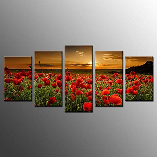 Idée cadeau moderne tableau fleurs rouges 5 pièces sans cadre pour aménagement intérieur