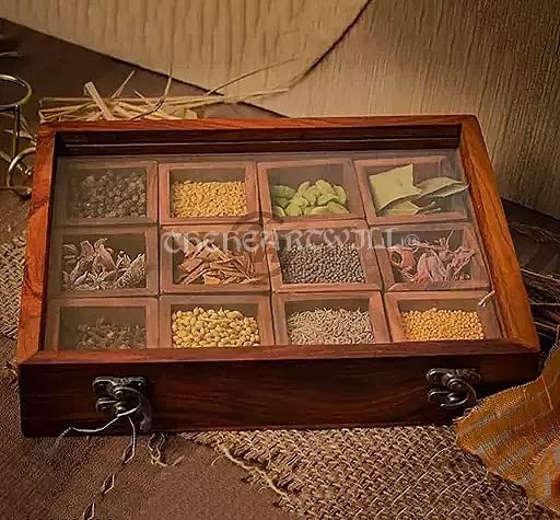 THEHEARTWILL® "Twelve Blends Sheesham Wooden Spice Box | Masala Dabba with Glass Lid for Kitchen | 12 Container Masala Dani with 2 Spoon | Multipurpose Storage Box