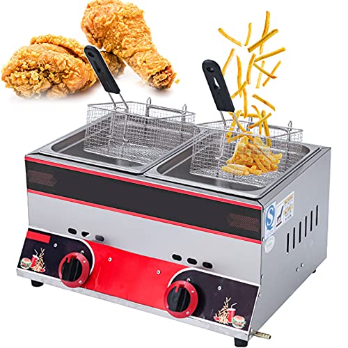 CZAOERXB Freidora de Gas Comercial con Control de Temperatura Independiente, freidora Doble de Gran Capacidad de 22 l, con cestas y Tapa, freidora de Acero Inoxidable para encimera