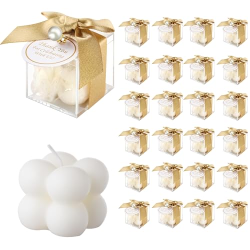 ACITHGL 30 Sets Fully Assembled Small Bubble Candle Party Favors for Guests Bulk Bridal Showers Favors Candles with Stylish Ribbons Thank You Cards Gifts (Gold)