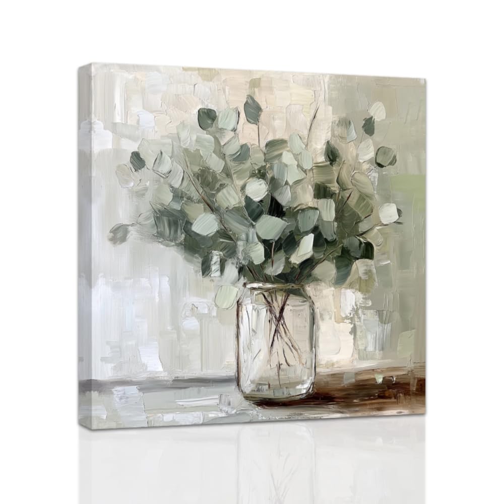 ZXHYWYM Eucalyptus Wall Art Green Leaf Paintings Farmhouse Plant Pictures Rustic Botanical Canvas Prints for Bedroom Kitchen Decor Framed (30 x 30 cms)