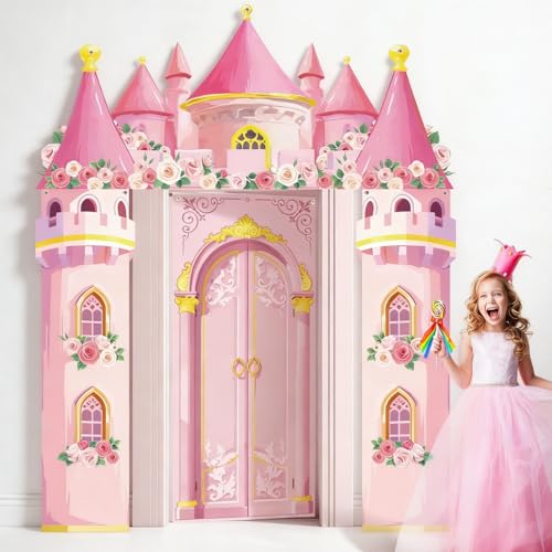 Guiqulai 4 Pcs Princess Castle Door Banner, Pink Princess Party Decorations Castle Porch Sign & Hanging Photo Backdrop Door Covers for Girls Birthday Party Home Decor