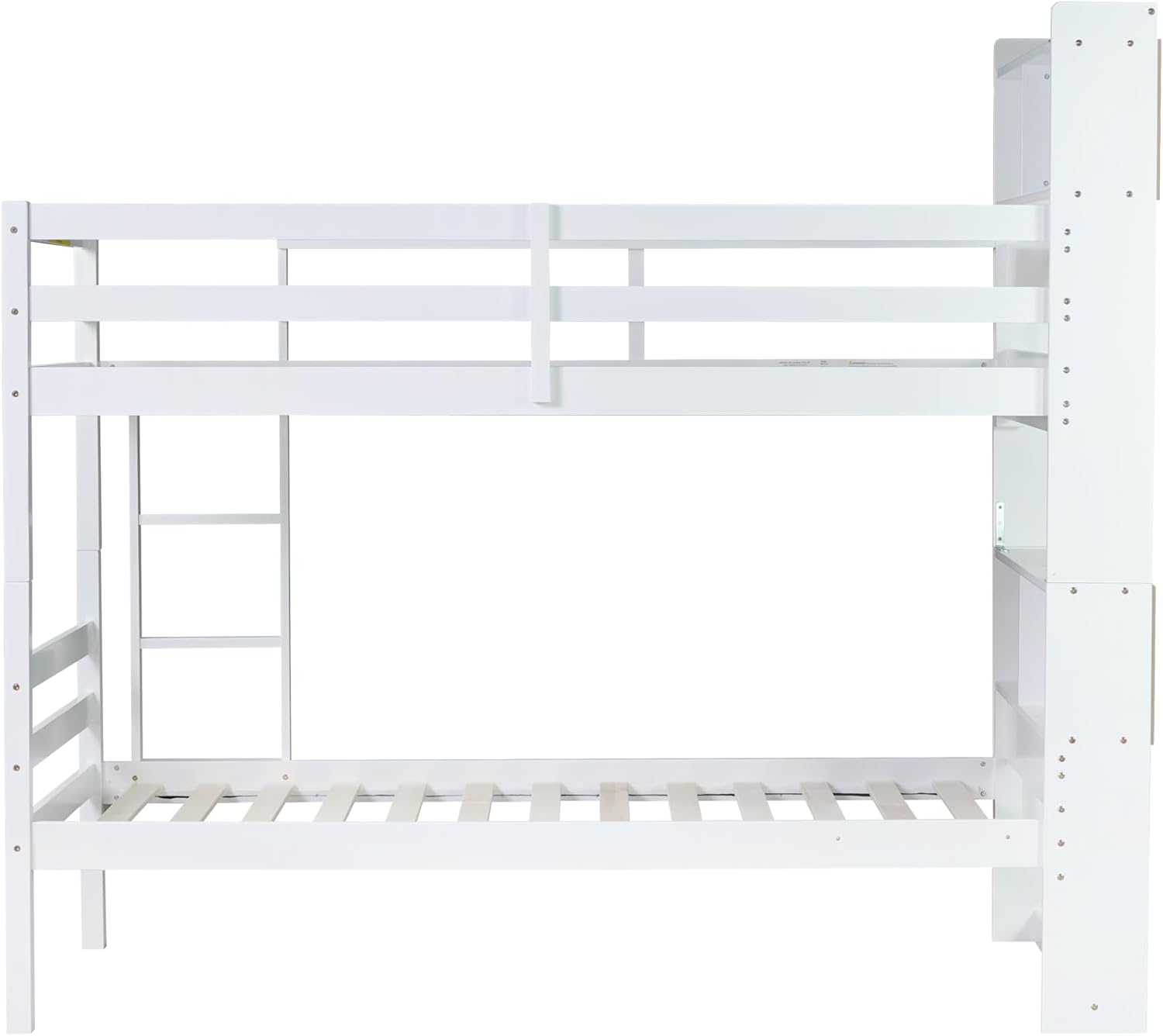 Ball & Cast Twin Over Twin Bunk Bed with Storage Shelves,Rubber Wood Twin Beds w/Guardrails and Ladder,for Kids,Can be Convertible 2 Beds,No Box Spring Required,White