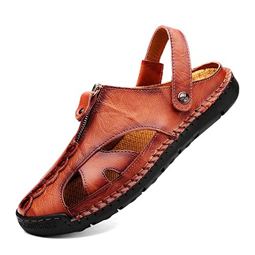 Image of JAMONWU Men's Casual Closed Toe Adjustable Leather Sandals Handmade Fisherman Beach Sandals