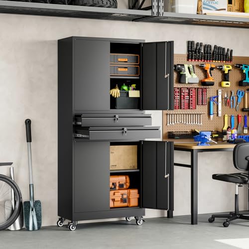 Image of Yizosh Metal Garage Storage Cabinet with Locking Doors and Adjustable Shelves, 74 inch Rolling Tool Storage Cabinet with 4 Wheels and 2 Drawer for Garage,Warehouse