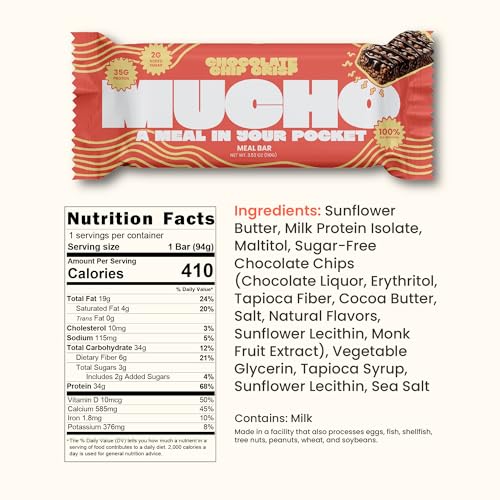Image of Mucho Meal Bars, Chocolate Chip Crisp - 34g Protein, 3g Sugar, Low Saturated Fat - Healthy Meal Replacement Snack, Perfect for Bulking & Busy Lifestyles (8 Pack, Peanut Butter Caramel Chocolate)