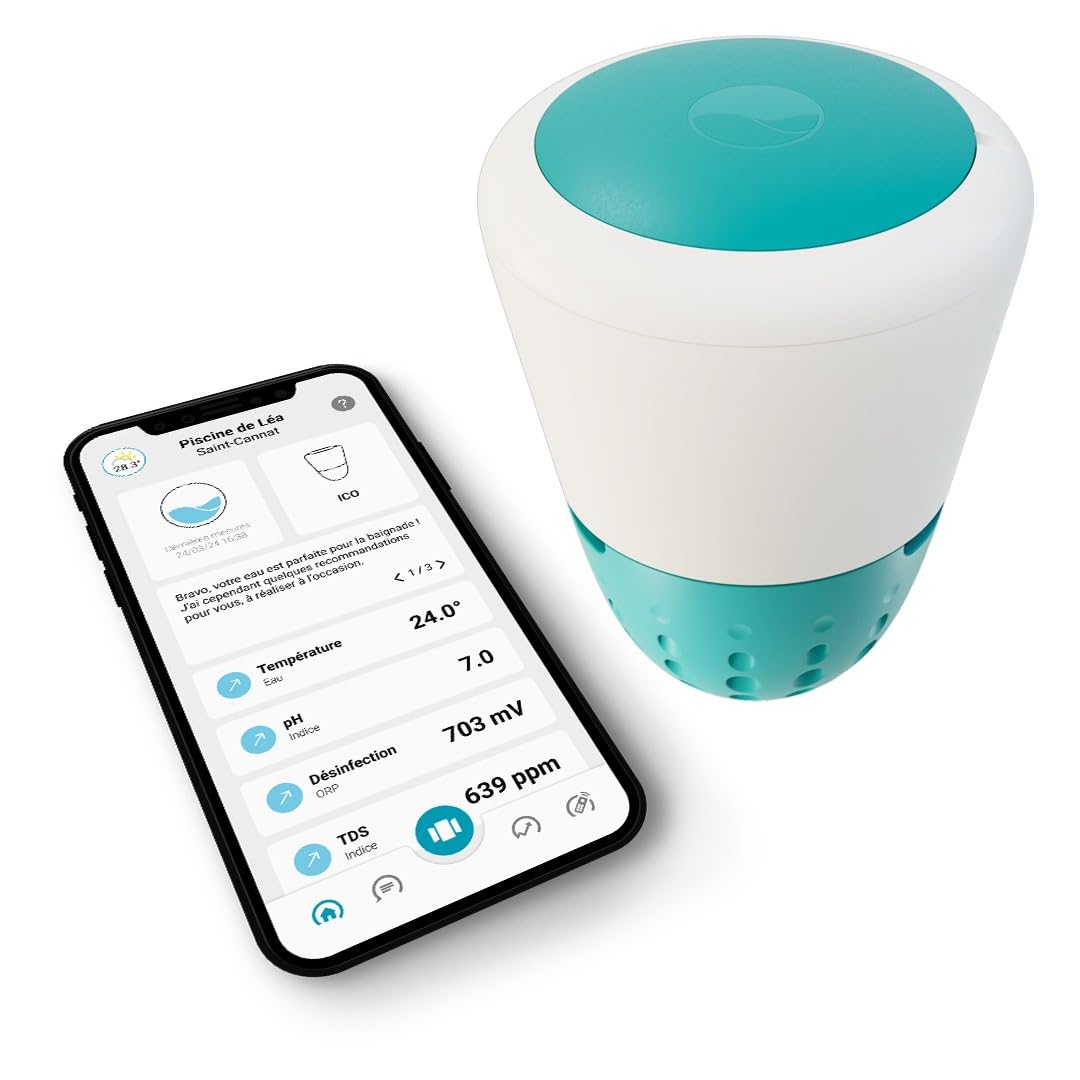 Ondilo ICO Pool V2 Essential+ Sel - Analyseur d'eau électronique pour piscines traitées au sel - Mesures toutes les heures pH, ORP, TDS et température de l'eau - Kit de calibration inclus