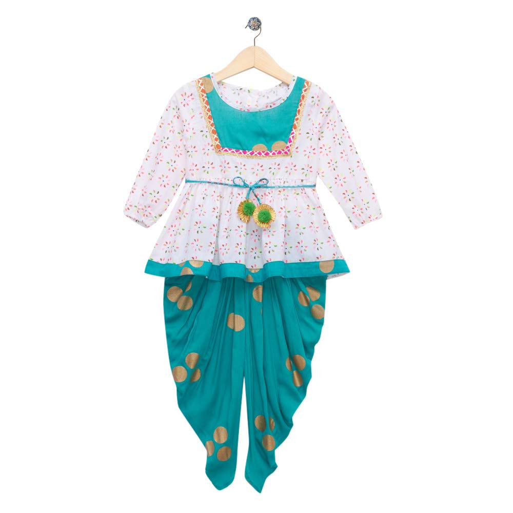 Girls Cotton Full Sleeves All Over Printed Dhoti Kurta Set in Blue Color