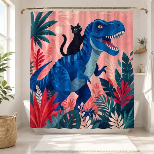 Image of Boziqr Funny Cat Riding Dinosaur Shower Curtain, Boys Kids Bathroom Decor | Tropical Pink Botanical Bath Curtain Set, Waterproof Polyester with 12PCS Hooks for Kids Teens Adults, 70 x 78 Inch