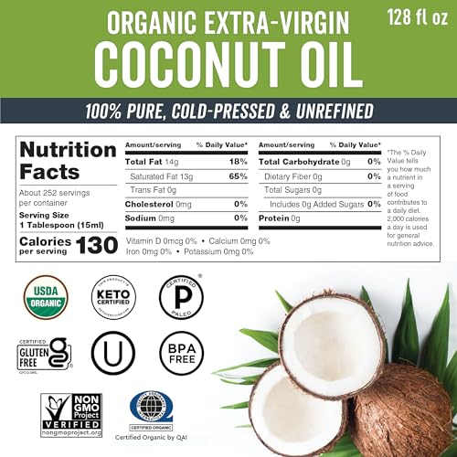 Image of Viva Naturals Organic Coconut Oil, 128 fl oz - Unrefined, Cold-Pressed Extra Virgin Coconut Oil, USDA Organic & Non-GMO, Natural Cooking Oil, Hair Oil & Skin Oil