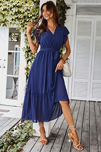 Image of PRETTYGARDEN 2023 Women's Floral Summer Dress V Neck Short Sleeve Ruffle Hem A-Line Boho Maxi Dresses