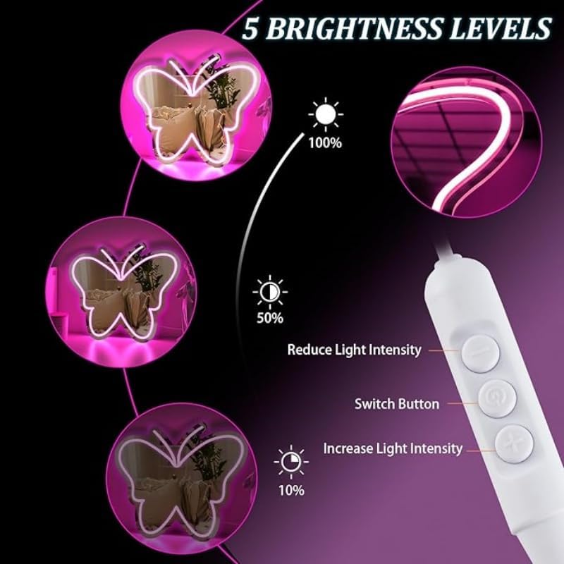 Butterfly Mirror Neon Sign Led Butterfly Lights Dimmable USB Pink Wall Mirror Neon Light for Living Room Bathroom Bedroom,Christmas Birthdays Gifts for Girls Women
