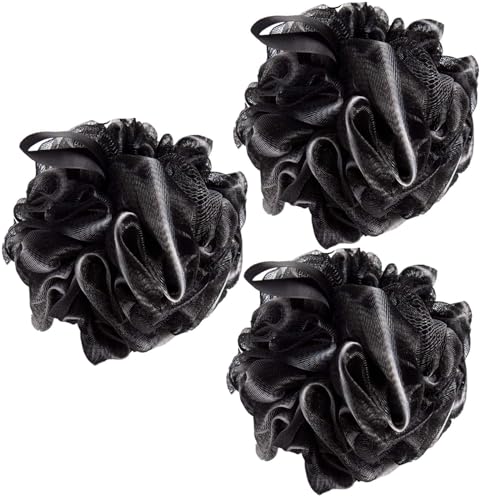 DDUP loofah,Shower Puff,Bath Loofah,Body Brush, Mesh Sponge, Mens Shower loofah,Exfoliating Bath Scrunchie for Women and Men, Soft Body Scrubber Bath Sponge 3pcs（Black Colour）