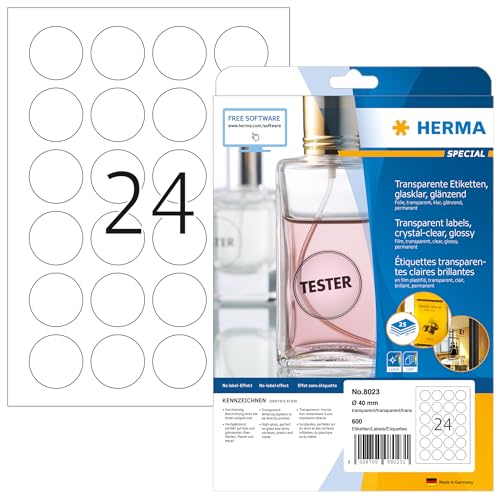 HERMA 8023 Wetterfeste Folienetiketten transparent rund, 25 Blatt, Ø 40 mm, 24 pro A4 Bogen, 600 Stück, selbstklebend, bedruckbar, glänzend, blanko Klebeetiketten Aufkleber aus Folie, durchsichtig