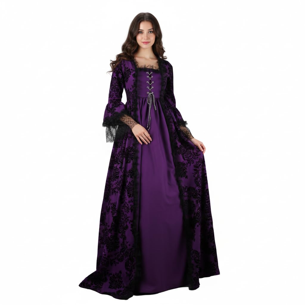 ZNLFS Women's Medieval Victorian Ball Gown Gothic Renaissance Costume Dress with Lace Bell Sleeves Square Neckline Royal Halloween Fancy Dress (Purple, 3X-Large)