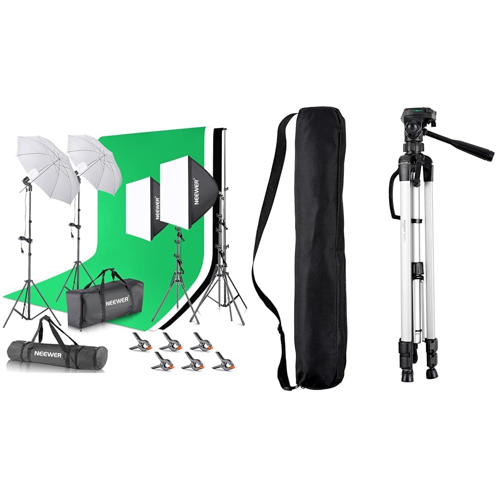 NEEWER Kit Studio Photo et éclairage, 2,6m x 3m Système de Support de Toile de Fond & Amazon Basics Trépied léger de 152 cm pour Appareil Photo, Reflex numérique et Jumelles