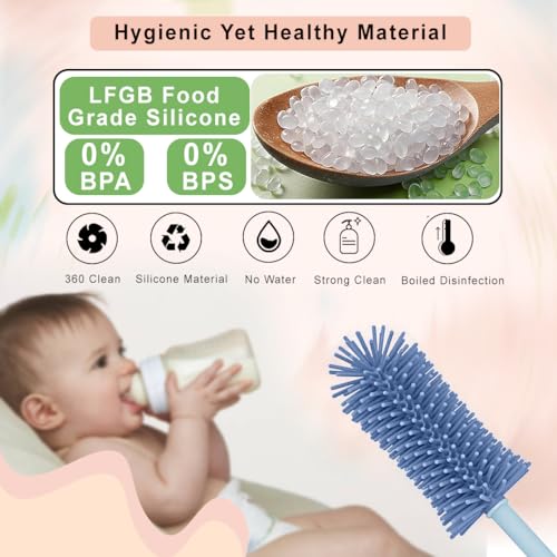 Image of TONY STARK Baby 360 Rotating Silicone Bottle Cleaning Brush & Nipple Cleaner - Ergonomic Handle, Flexible Bristles for Deep Cleaning Narrow & Wide Neck Feeding Bottles (Blue)