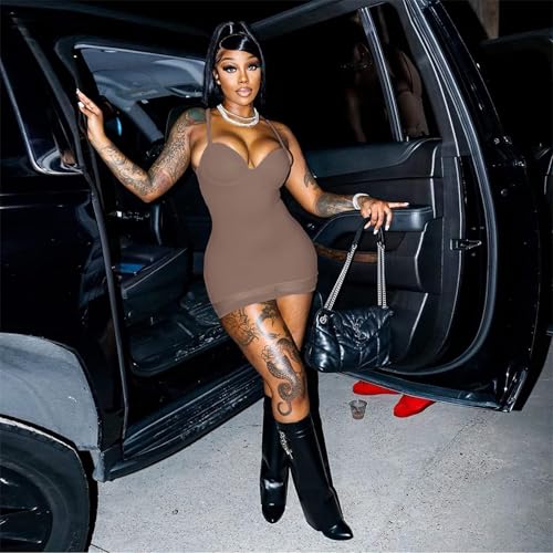 Image of Sexy Bodycon Mini Dress for Women Sweetheart Neck Spaghetti Strap Mesh Hem Party Club Night Out Short Dresses