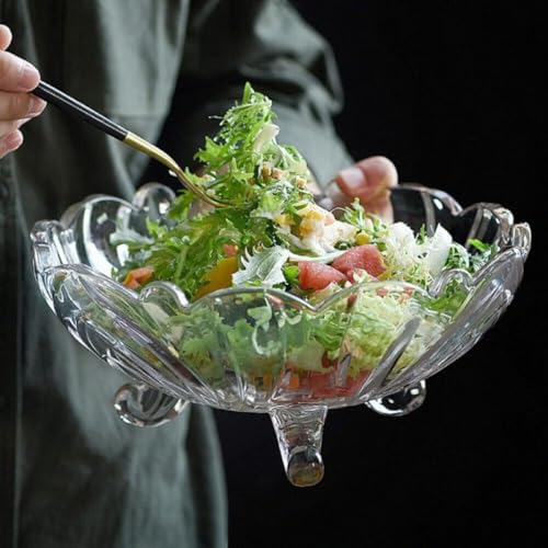 Image of Glass Fruit Bowl 9 Inch, Set of 1, Crystal Clear Beautiful Designer 3, Leg Glass Bowl for Vegetable Serving Dry Fruits, Snacks, Candy, Ice Cream, Sweets and Multi-uses Salad Bow