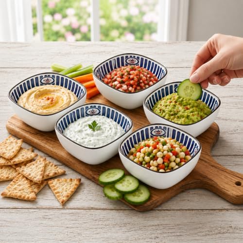 Image of Japanese Ceramic Dip Bowl Set of 6 | 200ml Small Square Sauce Bowls for Soy Sauce, Chutney, Snacks & Sushi Sides | Premium Stackable Dishwasher Safe Serving Bowls (Indigo Ray)