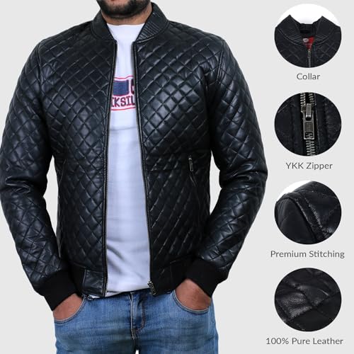 Laverapelle Men's Genuine Lambskin Leather Jacket (Black, Bomber Jacket) - 18010063