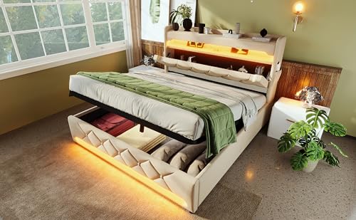 Gecheer Polsterbett Doppelbett 140 * 200, Stauraum Kopfteil mit USB und Typ C-Port, 360-Surround-LED-Funktion, Betten mit Hydraulisch Stauraum, Leinen, Beige for Schlafzimmer – Bild 4