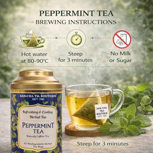 Image of Sancha Tea Boutique, Peppermint Herbal Infusion, 25 Pyramid Tea Bags | 100% Caffeine-Free Mint Tea for Relaxation & Stress Relief | Refreshing Herbal Infusion in Tin Caddy