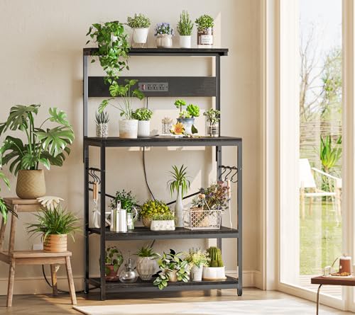 SUPERJARE Kitchen Bakers Rack with Power Outlet, Coffee Bar Table 4 Tiers, Kitchen Microwave Stand with 6 S-Shaped Hooks, Kitchen Storage Shelf Rack for Spices, Pots and Pans - Image 10