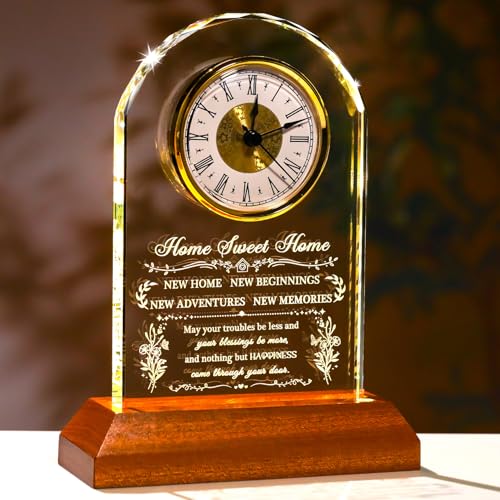 Image of Ornalrist House Warming Gifts New Home Glass Clock Keepsake with Wooden LED Light Base for Women Men Unique Housewarming Gift Ideas for Couples Blessing Warming Gifts for New House Family