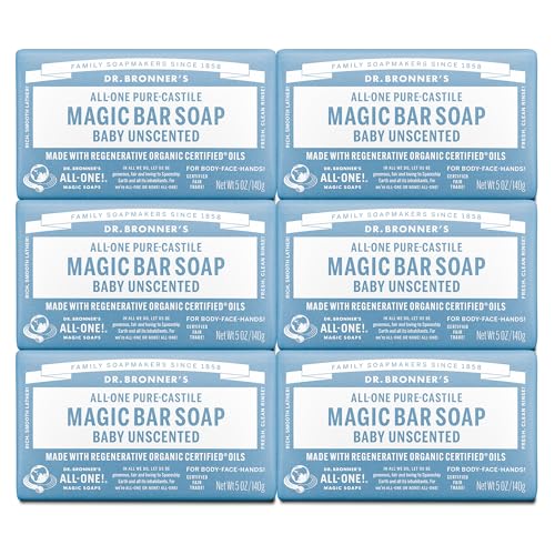 Dr. Bronner’s - Pure-Castile Bar Soap (Baby Unscented, 5 oz, 6-Pack) -Made with Organic Oils, For Face, Body & Hair, Gentle for Sensitive Skin & Babies, No Added Fragrance,Biodegradable,Vegan,Non-GMO