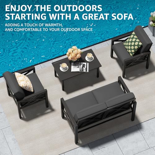 Image of NATURAL EXPRESSIONS Outdoor Patio Furniture 4 Pieces Set, Modern Patio Conversation Sets, Outdoor Sectional Metal Sofa with 5.5 Inch Cushion and Coffee Table,Black