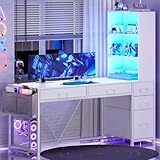 SEDETA Computer Desk with 5 Drawers and Bookshelf, Reversible Home Office Desk with Storage Shelves and File Drawer, Gaming Desk with LED Lights for Small Spaces, White