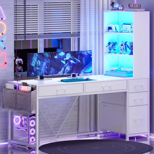 Image of SEDETA Computer Desk with 5 Drawers and Bookshelf, Reversible Home Office Desk with Storage Shelves and File Drawer, Gaming Desk with LED Lights for Small Spaces, White