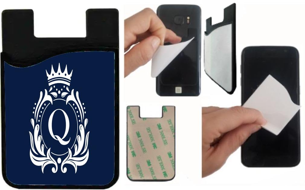 Island Gifting - Letter Q Monogram - Fancy Crown on Dark Blue Design - Stick-on ID Card Holder for iPhone/Galaxy/Google Android Cases