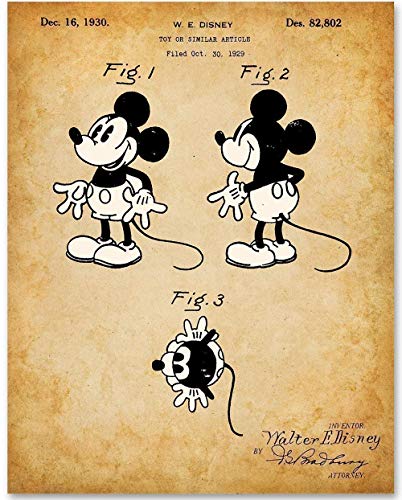 Mickey Mouse Drawing Patent Print - Great Disney Home Decor, Cartoon Patent Poster, Nursery and Children's Room Decor, Gifts for Disney Fans, 11x14 Unframed Patent Print Poster