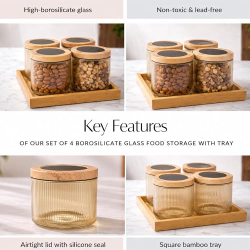 Image of Borosilicate Golden Ribbed Glass Storage Jar Set with Bamboo Tray, Set of 4 (500ml), Airtight Round Glass Containers with Bamboo Lids & Silicone Seal, Dry Fruit Storage Jars for Spices