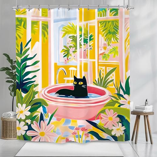 Kalmico Funny Cat Shower Curtain 60Wx72L Inch Tropical Matisse Colorful Retro Animal Bathroom Set Accessories Decor with 12 Pack Hooks