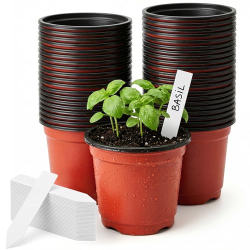 Dayify 100 Pack 4 Inch Plastic Nursery Pots Seed Starter Pots with Drainage Holes Small Plant Containers for Seedlings Seed Starting Flower Pots with 100 Plant Labels
