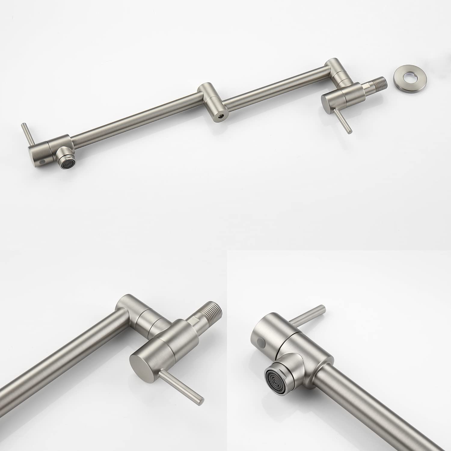 Robinets de cuisine, montage mural, double articulation, bras pivotant, évier de cuisine, pliable, extensible, avec un trou, deux poignées (nickel brossé)