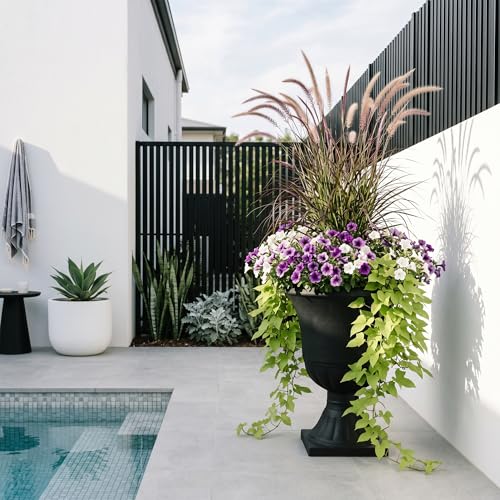 Worth Garden 2-Pack Plastic Urn Planters for Outdoor Plants, 22'' Black Tall Round Classic Resin Traditional Flower Pots - 15 in. Dia Large Imitation Stone Decorative Pot Patio Deck Front Porch by Worth - Used condition - Image 7