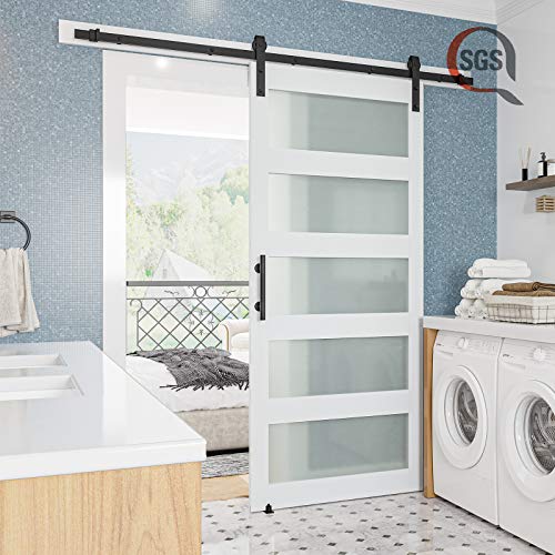 COSHOMER 36in x 84in 5-Panel Glass Barn Door with 6.6ft Sliding Door Hardware Kit & Handle, Pre-Drilled Holes Easy Assembly -Solid Wood Slab & MDF Inside Covered with Water-Proof PVC Surface, White